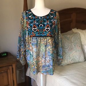 Anthropologie KAS Designs Boho Peasant Print Embroidered Top Size Large